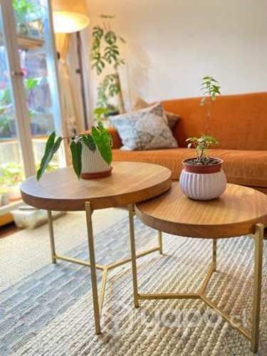 Mesas de centro madera Lenga, patas fierro doradas