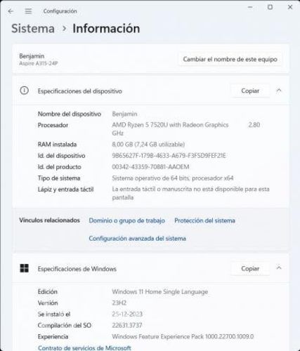 Pc acer portatil a315-24p