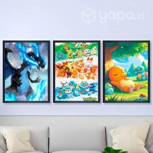Pack 3 Cuadros POKÉMON marco 34x45 con vidrio