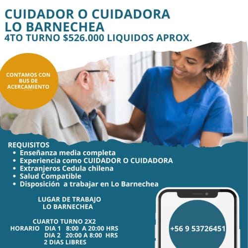 Lo Barnechea. Cuidador o cuidadora adulto mayor cuarto turno