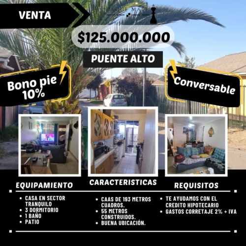 AMPLIA CASA EN PUENTE ALTO  - 3 DORM. 1 BAÑO.