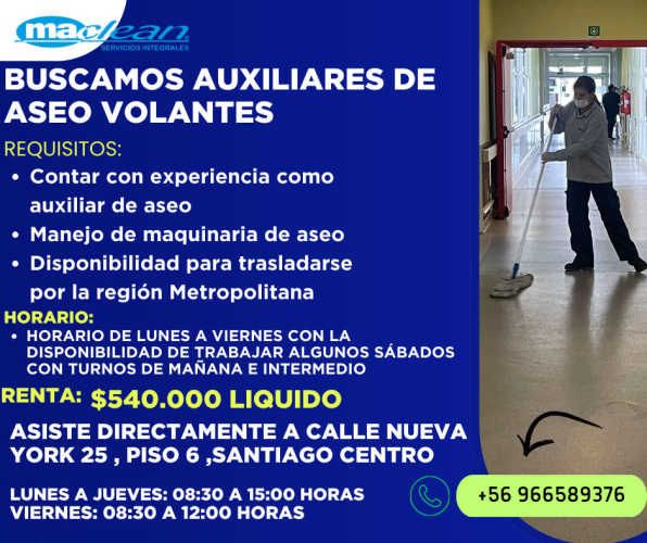 Auxiliar de aseo Volante Región Metropolitana Turnos Rotativos - Full time