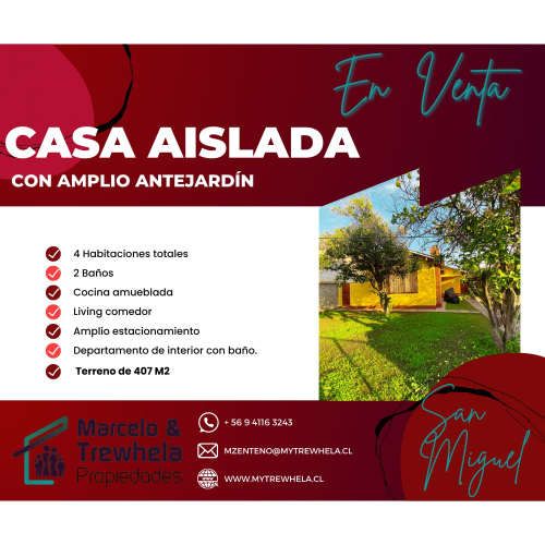VENDO CASA 4D+2B, COMUNA DE LA CISTERNA. CODIGO #1002