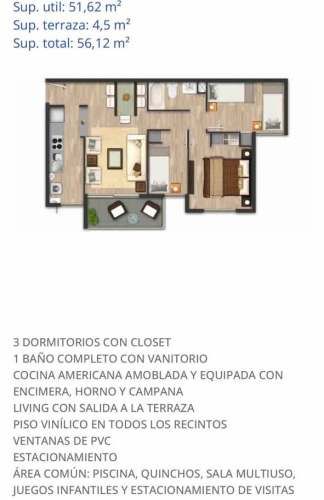 Cómodo Depto. 3D/1B + Terraza y Full Áreas Comunes