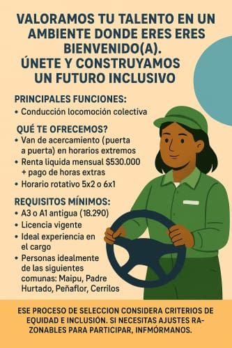 Conductores/as transporte pasajeros - Maipú, Cerrillos, Pudahuel