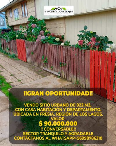 SITIO DE 922 M2 CON CASA Y DEPARTAMENTO, FRESIA, COMUNA LOS LAGOS.