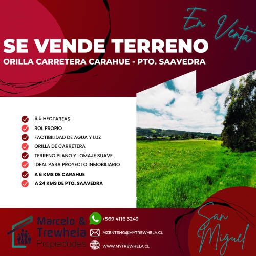 VENDO TERRENO 8.5 HECTAREAS, COMUNA DE CARAHUE. CODIGO #1008