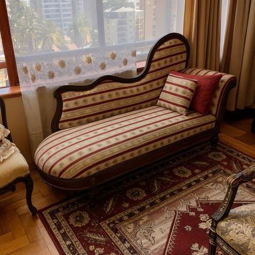 Sillón Chaise Lounge, tapiz beige c/burdeo  ANTIGUO