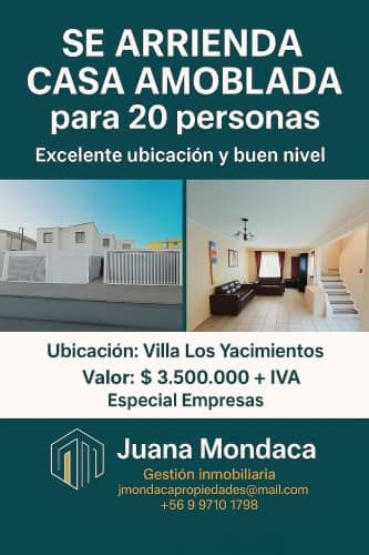 Corredora arrienda casa amoblada 20 personas