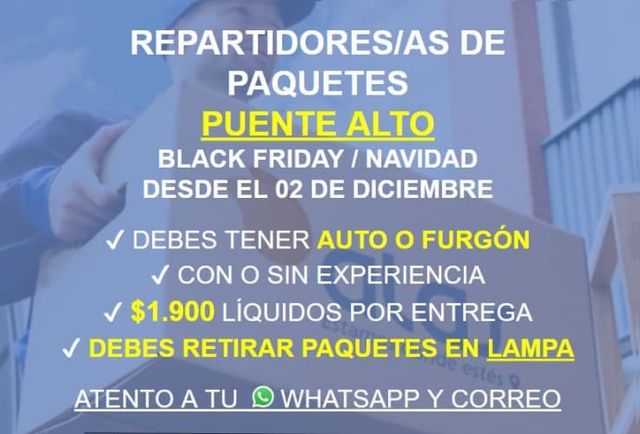 REPARTIDORES /AS DE PAQUETES PUENTE ALTO - $1.900 LÍQUIDO POR ENTREGA