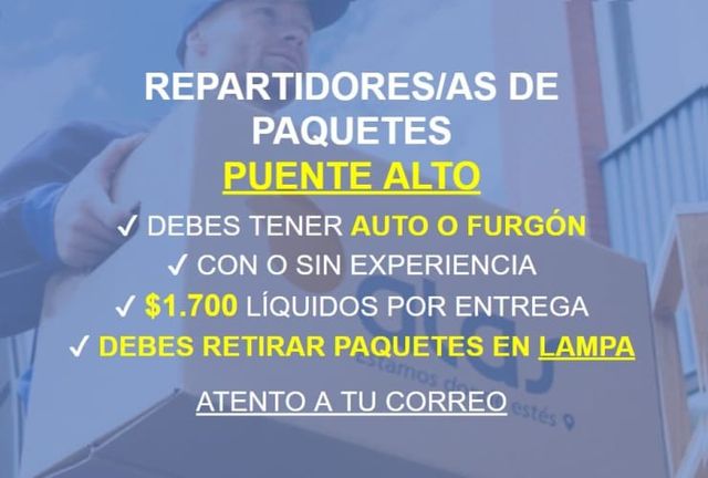 REPARTIDORES /AS DE PAQUETES PUENTE ALTO - $1.700 LÍQUIDO POR ENTREGA