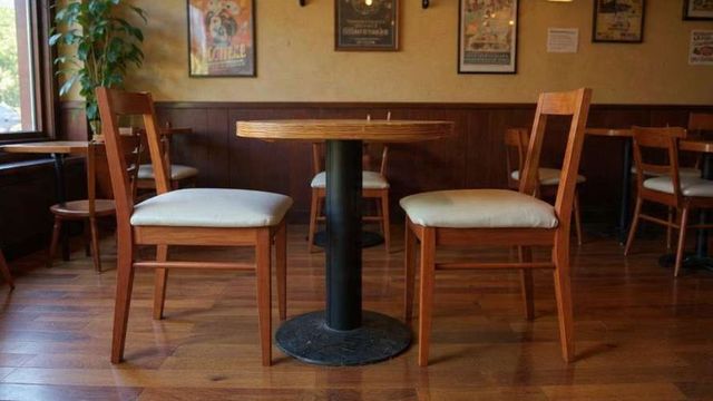 4 Sillas de madera con asiento de cuerina blanca