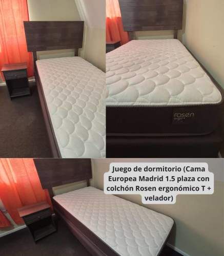 Juego de dormitorio (Cama Europea Madrid 1.5 plaza con velador y colchón rosen ergonómico T)