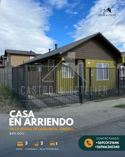 SE ARRIENDA CASA 3D-2B EN BRISAS DE LABRANZA, TEMUCO