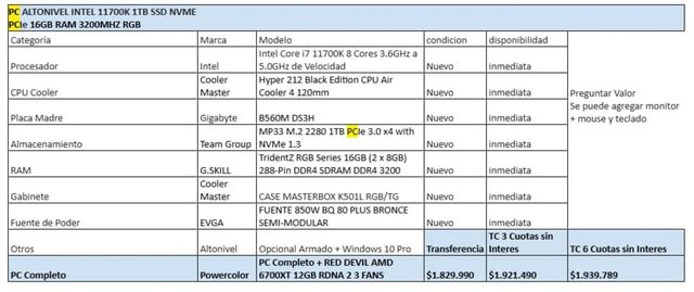 PC ALTONIVEL INTEL 11700K 1TB SSD NVME PCIe 16GB RAM 3200MHZ RGB
